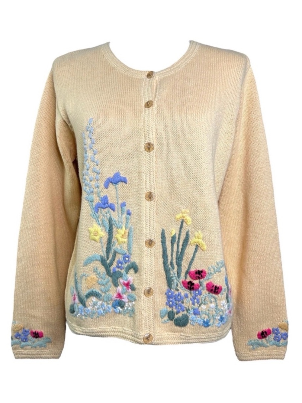 Vintage Orvis Yellow Cottagecore Embroidered Yellow Cardigan L